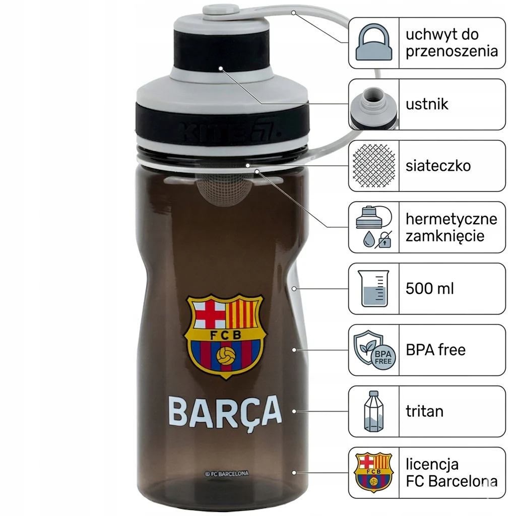 Butelka na wodę dla chłopców FC Barcelona tritanowa z sitkiem czarna - Image 3