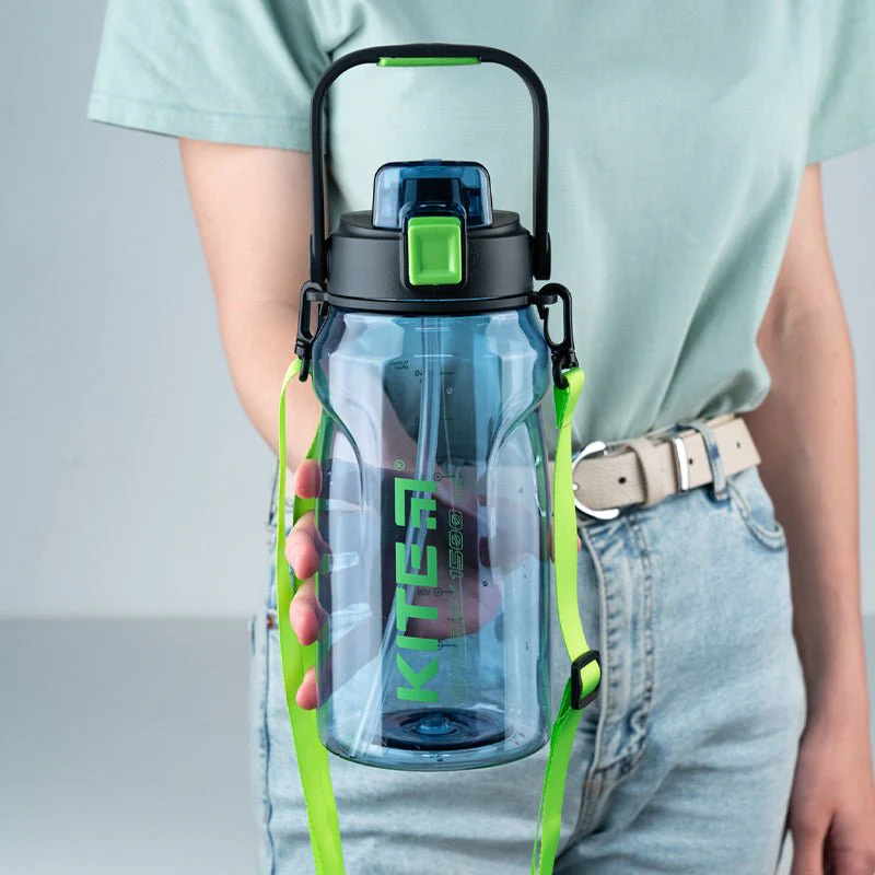 Butelka na wodę z ustnikiem do trening, do szkoły 1500 ml niebieska - Image 2