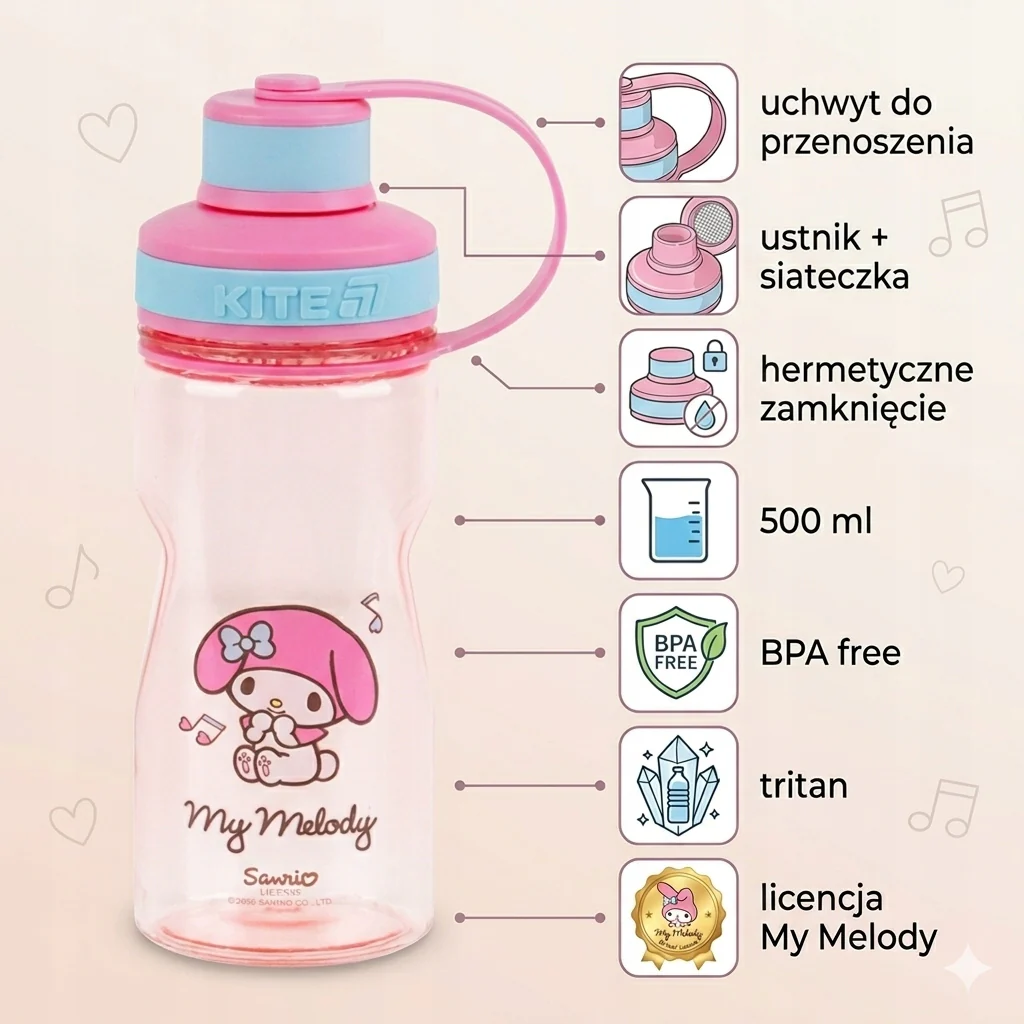 Butelka na wodę dla dziewczynek tritanowa z sitkiem My Melody różowa - Image 3