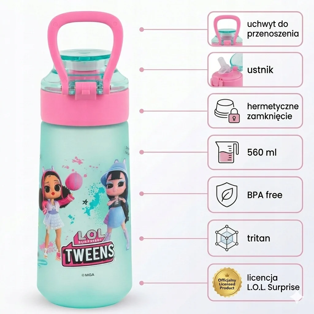 Butelka na wodę z uchwytem  Kite  L.O.L. Surprise! tritanowa 560 ml 2w1 - Image 3
