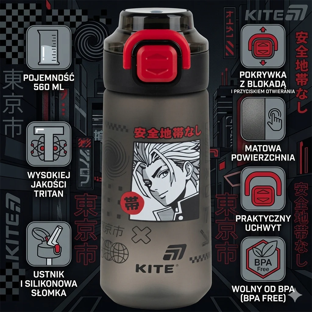Czarna butelka tritanowa na wodę dla dzieci i młodzieży 2w1 Kite Tokyo - Image 7
