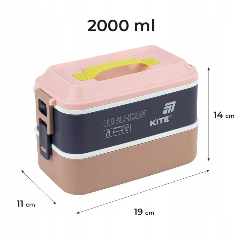 Lunchbox podwójny Kite 2 l - szczelny, BPA free, z uchwytem, różowa Kite - Image 3