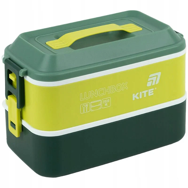 Duży lunchbox 2000 ml z przegródkami i sztućcami zielona Kite