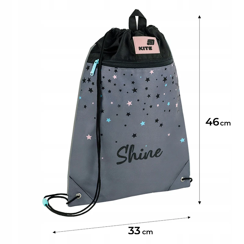 Worek na obuwie Kite Shine dla dziewczynki szary z dodatkową kieszenią na zamek - Image 3